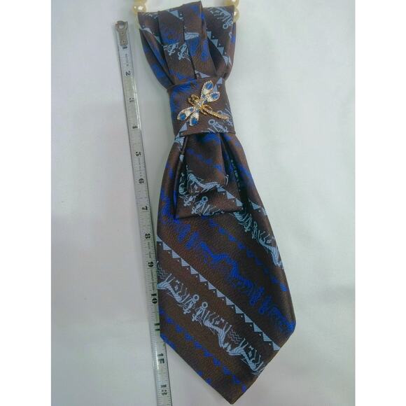 Artisan Vintage Tie Necklace Upcycled Faux Pearls Retro Brown Blue Dragonfly NEW - Picture 9 of 12